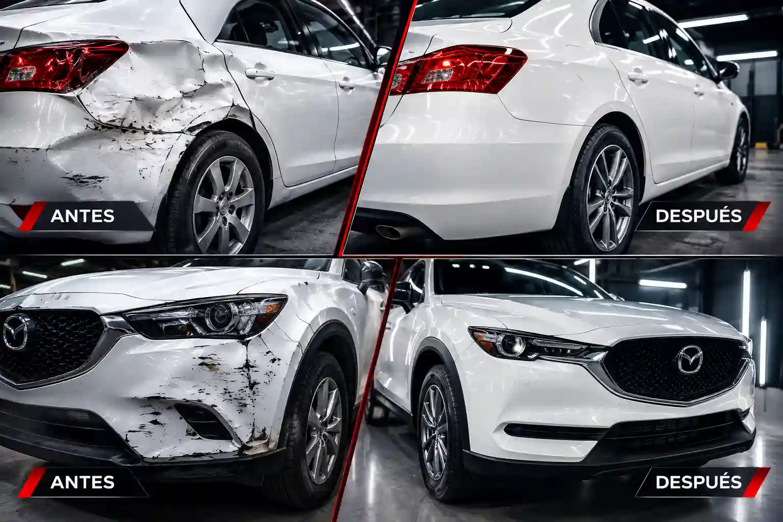 Antes y después de reparación y pintura automotriz