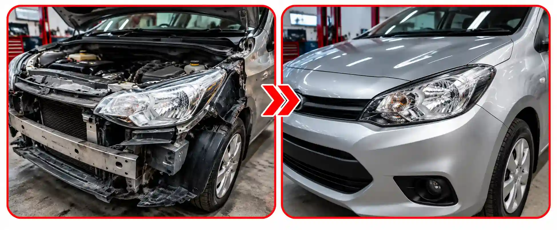 Antes y después de reparación de daño frontal automotriz